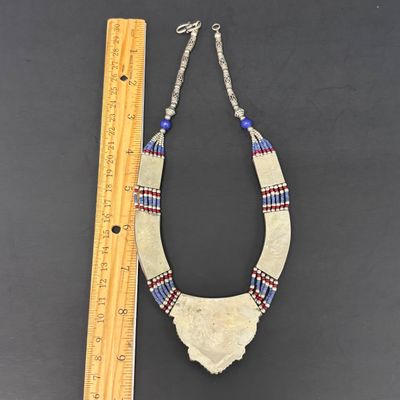 LOT 43: Silver-Tone Statement Necklace with Lapis and Turquoise-Tone Stones & Silver-Tone Bracelet with Artisan Inlaid Stones