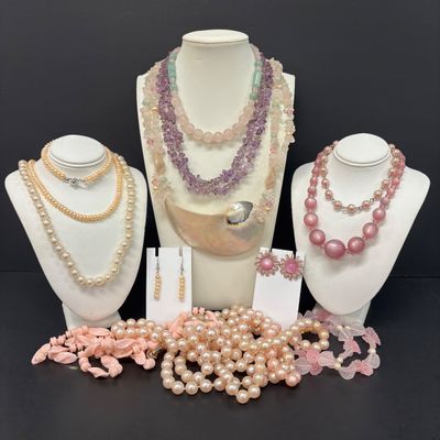 LOT 81: Beautiful Statement Cut Shell Necklace, Amethyst Color Stone Necklace, Pink & Green Jade Color Stone Necklace, Pearl Set,...