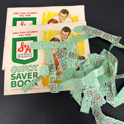 LOT 42: Vintage Quick Saver Books of Green Stamps, Photomatic Photo Booth Photos, Small Pink Plastic Bobble Head Elephant & More