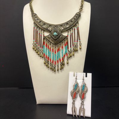 LOT 74: Vintage Style Concho Chain Turquoise Colored Stones, Silvertone Turquoise Earrings, Cuff Bracelets, Statement Bib Necklace...