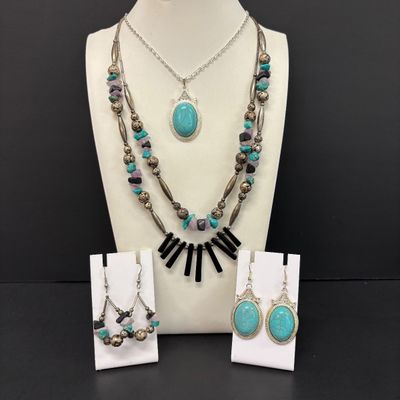 LOT 44: Silver-Tone Double-Strand Beaded Necklace with Matching Earrings & Silver-Tone Necklace and Earrings with Large...