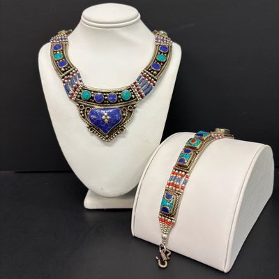 LOT 43: Silver-Tone Statement Necklace with Lapis and Turquoise-Tone Stones & Silver-Tone Bracelet with Artisan Inlaid Stones