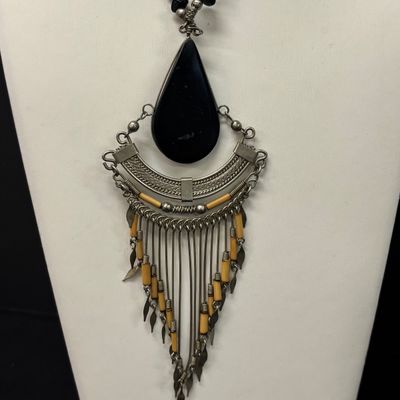 LOT 71: Silver-Tone Porcupine Quill Artisan Necklace with Costume Earrings