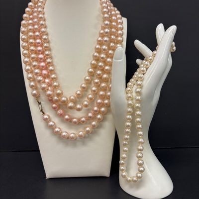 LOT 81: Beautiful Statement Cut Shell Necklace, Amethyst Color Stone Necklace, Pink & Green Jade Color Stone Necklace, Pearl Set,...