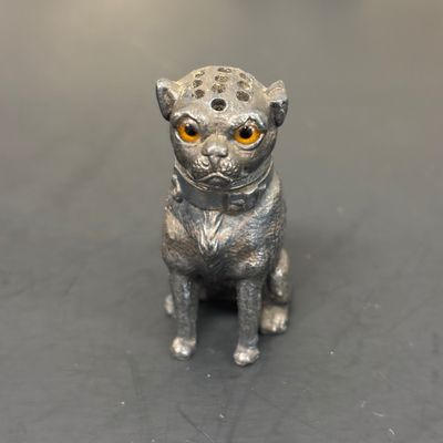 LOT 35: Antique Figural Pug Pounce Pot/Shaker, 10k GF Eyeglasses, Heart Shaped Toothpick Holder, Ornate Floral Handheld Mirror &...