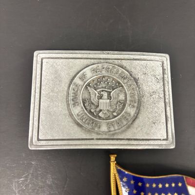 LOT 37: Tony Laina Leather Belt Buckle, USA-Themed Pins, US Mint Independence Hall Coins & More