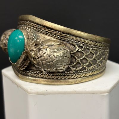 LOT 45: Silver-Tone Tribal Cuff with Teardrop Faux Turquoise & Silver-Tone Engraved Cuff