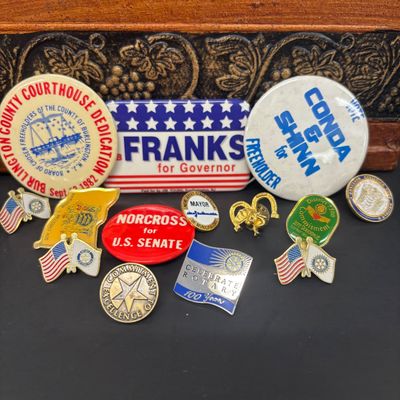 LOT 34: Collection of Vintage Political Pins with Wood Box