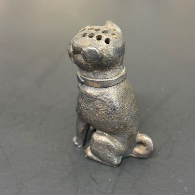 LOT 35: Antique Figural Pug Pounce Pot/Shaker, 10k GF Eyeglasses, Heart Shaped Toothpick Holder, Ornate Floral Handheld Mirror &...