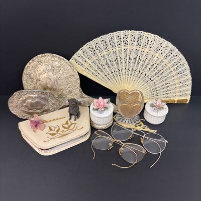 LOT 35: Antique Figural Pug Pounce Pot/Shaker, 10k GF Eyeglasses, Heart Shaped Toothpick Holder, Ornate Floral Handheld Mirror &...