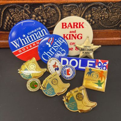 LOT 34: Collection of Vintage Political Pins with Wood Box