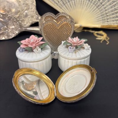 LOT 35: Antique Figural Pug Pounce Pot/Shaker, 10k GF Eyeglasses, Heart Shaped Toothpick Holder, Ornate Floral Handheld Mirror &...