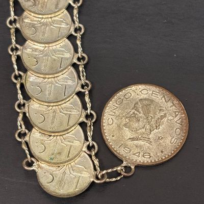 LOT 75: Alpaca Mexico Silver Inlaid Floral Cuff Bracelet, Coin Bracelet along with Dream Catcher Silvertone Earrings
