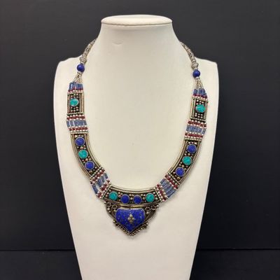 LOT 43: Silver-Tone Statement Necklace with Lapis and Turquoise-Tone Stones & Silver-Tone Bracelet with Artisan Inlaid Stones