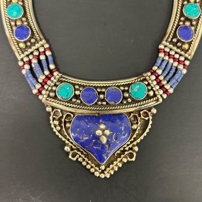 LOT 43: Silver-Tone Statement Necklace with Lapis and Turquoise-Tone Stones & Silver-Tone Bracelet with Artisan Inlaid Stones