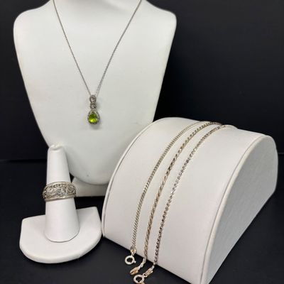 LOT 85: Sterling 925 Jewelry Collection - (3) Anklets 7.6g, Pendant Necklace 3.0gtw & Filigree Ring 3.0gtw Sz 9
