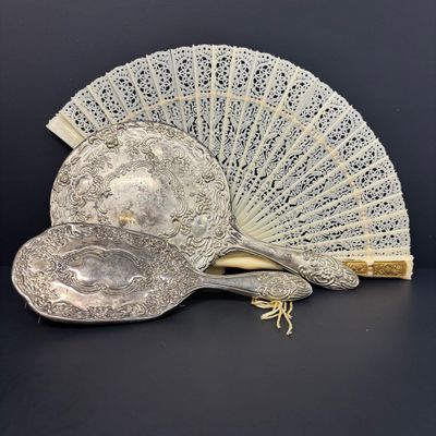 LOT 35: Antique Figural Pug Pounce Pot/Shaker, 10k GF Eyeglasses, Heart Shaped Toothpick Holder, Ornate Floral Handheld Mirror &...