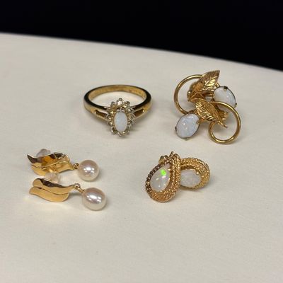 LOT 106: Tear Drop Opal Electroplated Size 7 Ring, 10kgf Teardrop Opal Earrings, 12kgf Faux Opal Screw Back Earrings & Gold Fill...