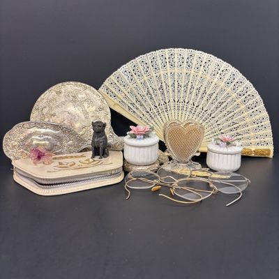 LOT 35: Antique Figural Pug Pounce Pot/Shaker, 10k GF Eyeglasses, Heart Shaped Toothpick Holder, Ornate Floral Handheld Mirror &...