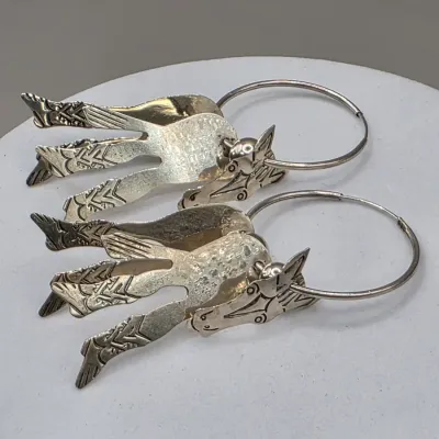 LOT 55: Two Pairs of Vintage Sterling Silver Earrings (13.6gtw) and an Aztec Panel Bracelet with Inlaid Abalone