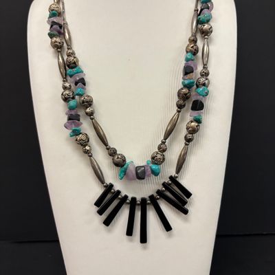 LOT 44: Silver-Tone Double-Strand Beaded Necklace with Matching Earrings & Silver-Tone Necklace and Earrings with Large...