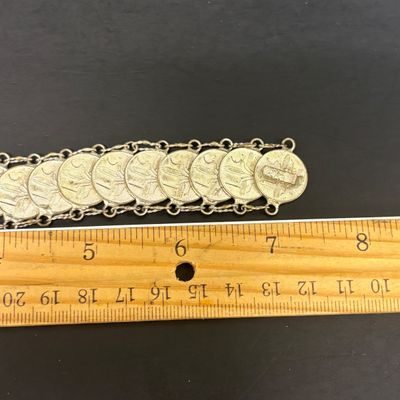 LOT 75: Alpaca Mexico Silver Inlaid Floral Cuff Bracelet, Coin Bracelet along with Dream Catcher Silvertone Earrings