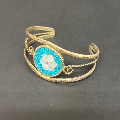 LOT 75: Alpaca Mexico Silver Inlaid Floral Cuff Bracelet, Coin Bracelet along with Dream Catcher Silvertone Earrings