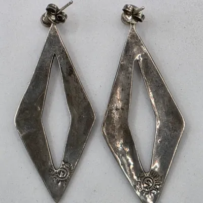 LOT 55: Two Pairs of Vintage Sterling Silver Earrings (13.6gtw) and an Aztec Panel Bracelet with Inlaid Abalone