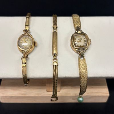 LOT 77: Vintage Elgin Watch w/10K.R.G.P. Bezel, 1/20 12kGF Bracelet & Gruen Watch w/10K.R.G.P. Bezel