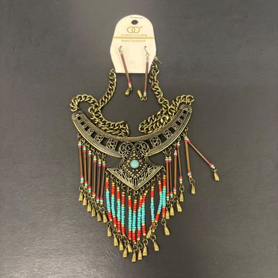 LOT 74: Vintage Style Concho Chain Turquoise Colored Stones, Silvertone Turquoise Earrings, Cuff Bracelets, Statement Bib Necklace...
