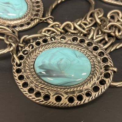 LOT 74: Vintage Style Concho Chain Turquoise Colored Stones, Silvertone Turquoise Earrings, Cuff Bracelets, Statement Bib Necklace...