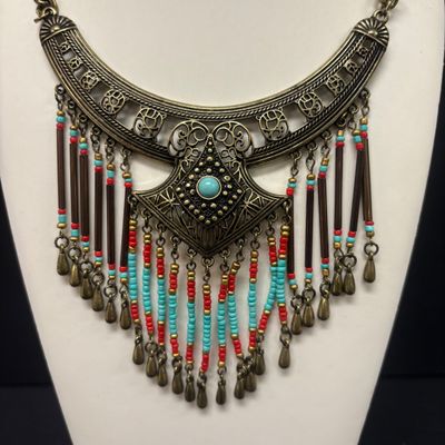 LOT 74: Vintage Style Concho Chain Turquoise Colored Stones, Silvertone Turquoise Earrings, Cuff Bracelets, Statement Bib Necklace...
