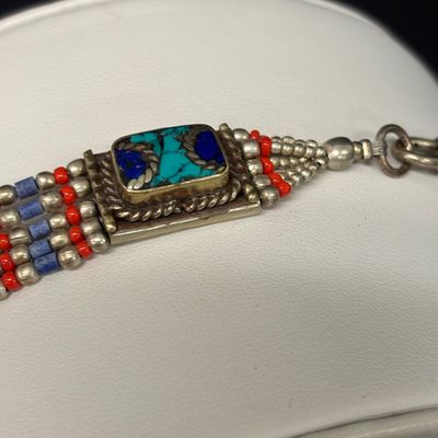 LOT 43: Silver-Tone Statement Necklace with Lapis and Turquoise-Tone Stones & Silver-Tone Bracelet with Artisan Inlaid Stones