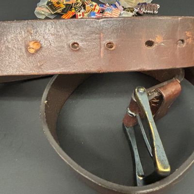 LOT 37: Tony Laina Leather Belt Buckle, USA-Themed Pins, US Mint Independence Hall Coins & More