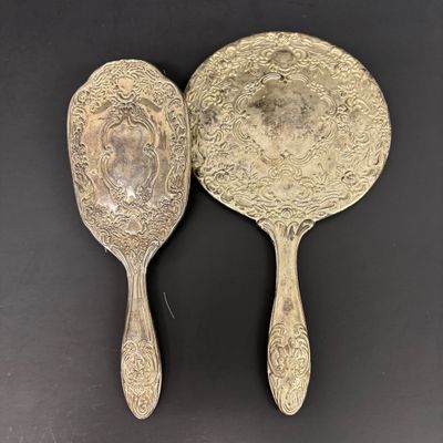 LOT 35: Antique Figural Pug Pounce Pot/Shaker, 10k GF Eyeglasses, Heart Shaped Toothpick Holder, Ornate Floral Handheld Mirror &...