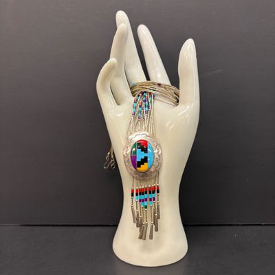 LOT 83: Multi-Strand Liquid Silver Beaded Necklace Featuring a Natural Gemstone Inlay Pendant 27.2gtw