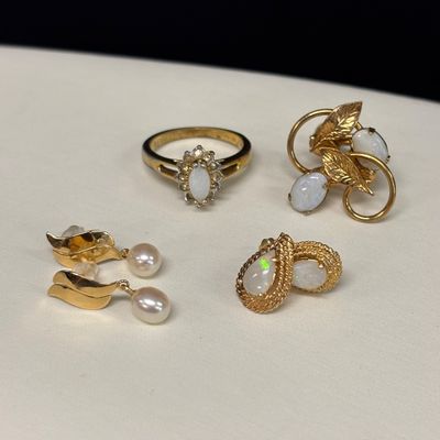 LOT 106: Tear Drop Opal Electroplated Size 7 Ring, 10kgf Teardrop Opal Earrings, 12kgf Faux Opal Screw Back Earrings & Gold Fill...