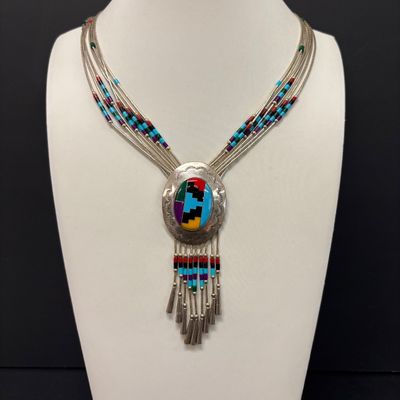 LOT 83: Multi-Strand Liquid Silver Beaded Necklace Featuring a Natural Gemstone Inlay Pendant 27.2gtw