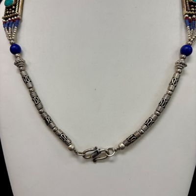 LOT 43: Silver-Tone Statement Necklace with Lapis and Turquoise-Tone Stones & Silver-Tone Bracelet with Artisan Inlaid Stones