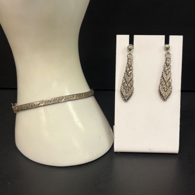 LOT 94: Vintage Art Deco-Style 925 Sterling Earrings 5.1g with 925 Sterling Bracelet 5.0g