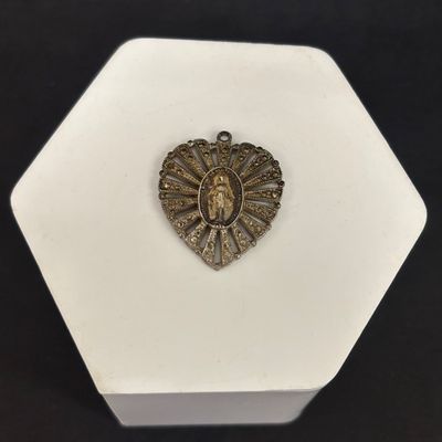 LOT 66: Sterling Miraculous Medal on Mother of Pearl Heart Pendant 7.6gtw (Silver-Tone Chain) with Sterling and Marcasite Miraculous...