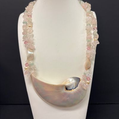LOT 81: Beautiful Statement Cut Shell Necklace, Amethyst Color Stone Necklace, Pink & Green Jade Color Stone Necklace, Pearl Set,...