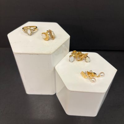 LOT 106: Tear Drop Opal Electroplated Size 7 Ring, 10kgf Teardrop Opal Earrings, 12kgf Faux Opal Screw Back Earrings & Gold Fill...