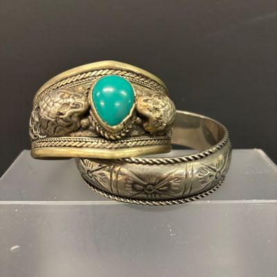 LOT 45: Silver-Tone Tribal Cuff with Teardrop Faux Turquoise & Silver-Tone Engraved Cuff