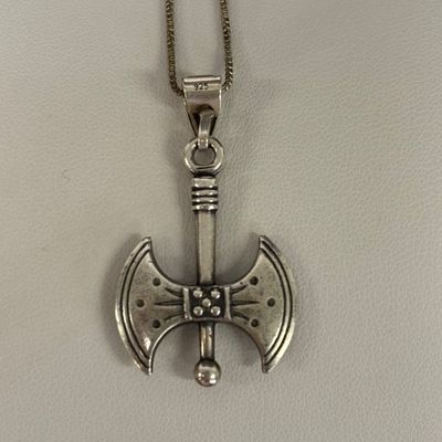 LOT 108: Sterling 925 Minoan-Style Double Headed Axe Pendant and Chain 7.47g