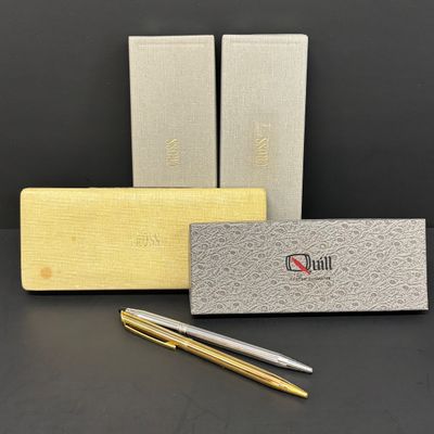 LOT 30: Vintage Cross 1/20 10Kt GF Pen with Gold-Tone Quill, Silver-Tone Cross & More
