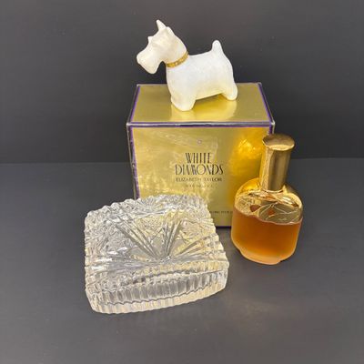 LOT 28: New/Old Stock White Diamonds 5.3Oz Body Powder, Calais Cologne Spray, Milk Glass Scotty Dog Perfume Bottle & Crystal Dish