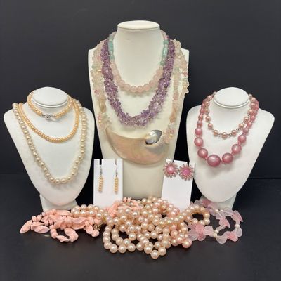 LOT 81: Beautiful Statement Cut Shell Necklace, Amethyst Color Stone Necklace, Pink & Green Jade Color Stone Necklace, Pearl Set,...
