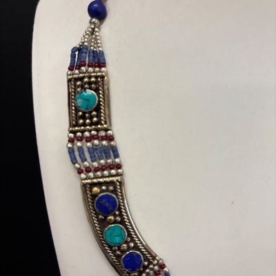 LOT 43: Silver-Tone Statement Necklace with Lapis and Turquoise-Tone Stones & Silver-Tone Bracelet with Artisan Inlaid Stones
