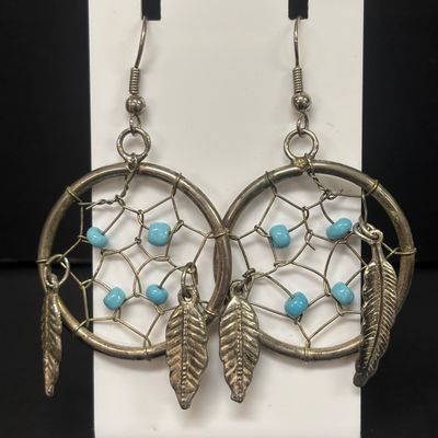 LOT 75: Alpaca Mexico Silver Inlaid Floral Cuff Bracelet, Coin Bracelet along with Dream Catcher Silvertone Earrings
